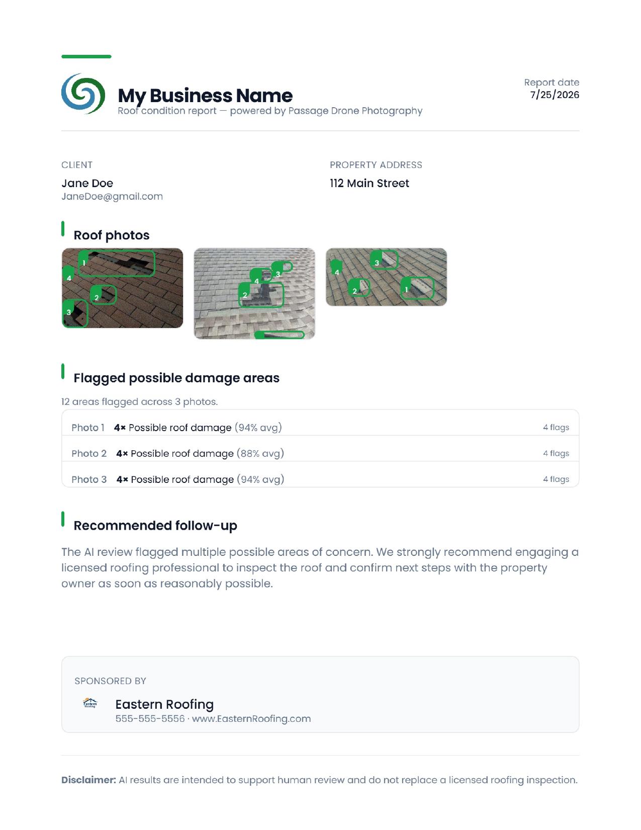 Sample client-ready roof report generated by Drone Report Kit
